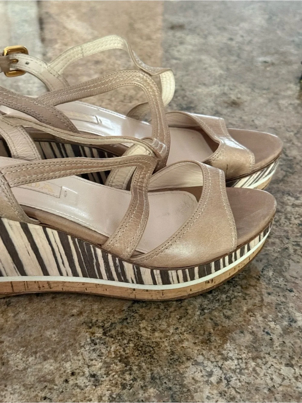 Prada Beige Leather Platform Wedge Sandals Zebra Stripe Cork Slingback 37
